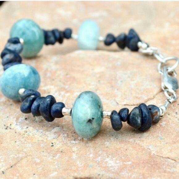 Hand Crafted Jewelry - Genuine Sapphire & Aquamarine Silver Bracelet